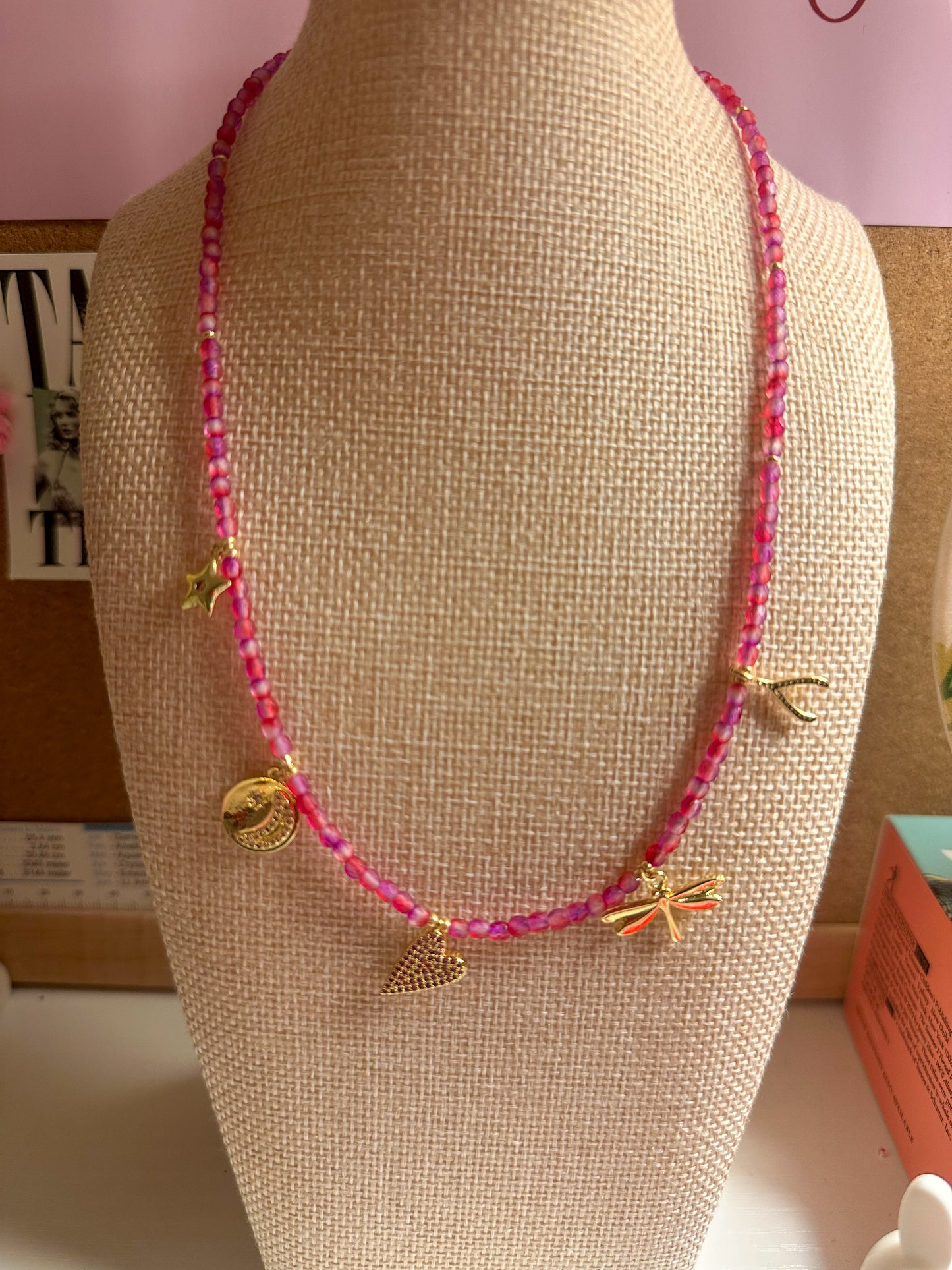 Pink Beaded Fire Polish Charm Necklace